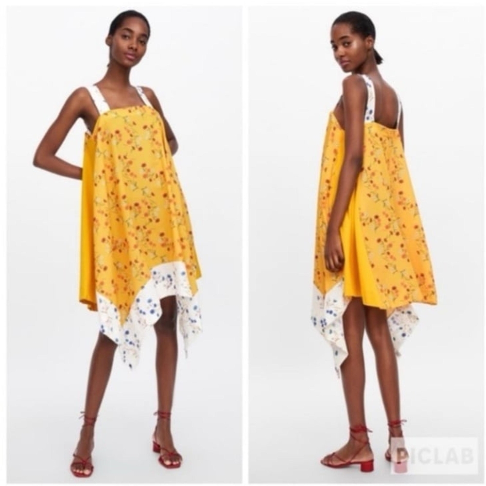 Zara Yellow Floral Handkerchief Hem Swing Dress